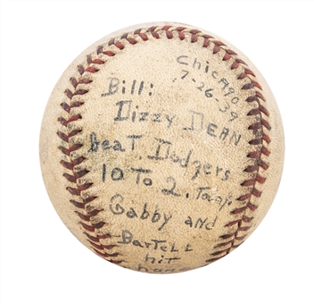 1939 Dizzy Dean Game Used ONL Ford Frick Baseball Career Used During Win #146/150 Game Used Ball (MEARS)